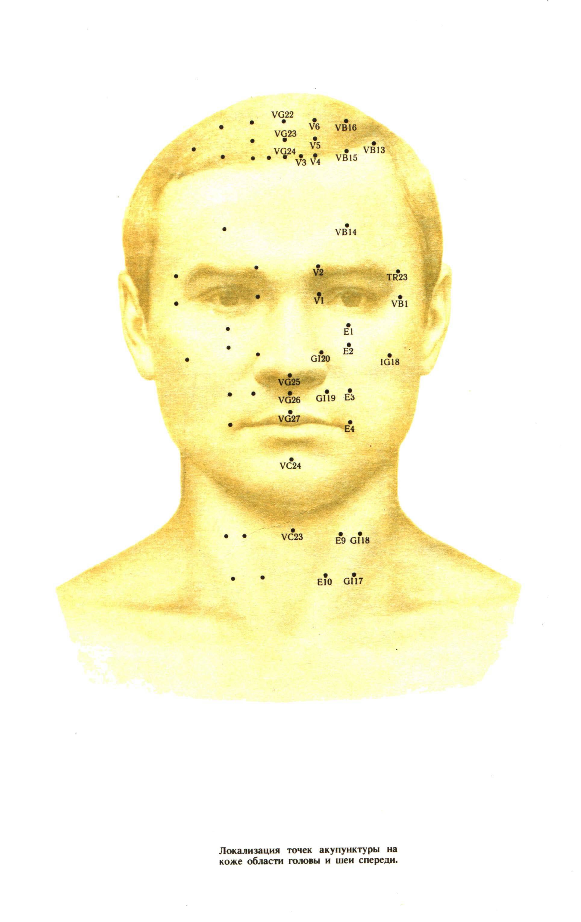 Рефлексотерапия, точки расположенные на лицевой стороне головы.